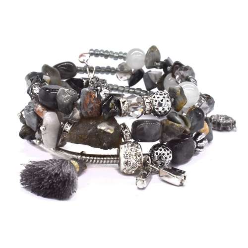 Grey and cream Freshwater pearl bracelet with silver heart oxidized charm and detailing