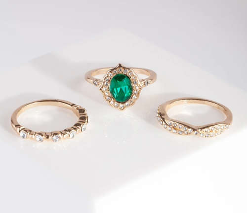 3 ring Green Gem cubic zirconia encrusted Ring