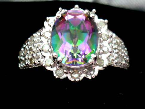 Solid 14k white gold Mystic Topaz and Diamond Ring.