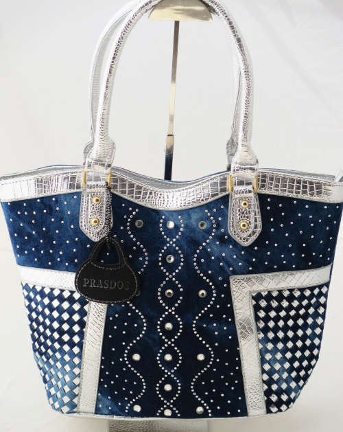 **NEW ARRIVAL** Ladies Stonewashed Diamante Denim Tote with Silver leather trim- Totally Glamourous!