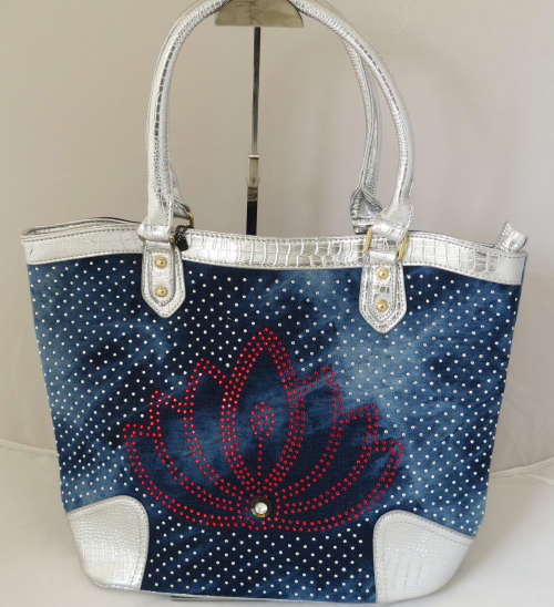 **NEW ARRIVAL** Ladies Stonewashed Diamante Denim Tote with Silver leather trim- Totally Glamourous!