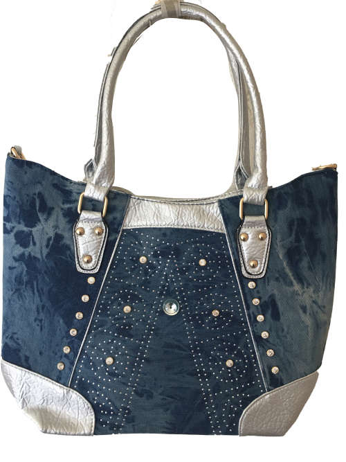 **NEW ARRIVAL** Ladies Stonewashed Diamante Denim Tote with Silver leather trim- Totally Glamourous!