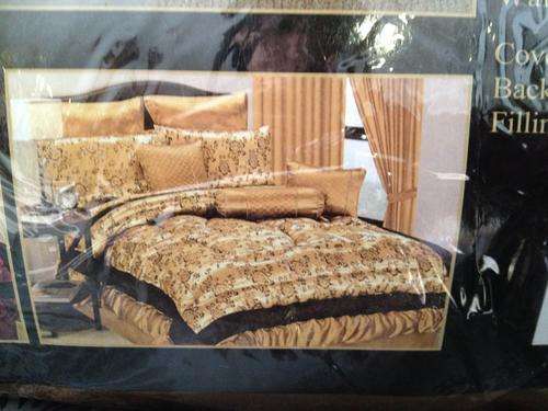Superior Polysilk QUEEN size QUILTED  comforter set in GOLDEN BROWN, SILVER GREY, BURGUNDY. 13 piece
