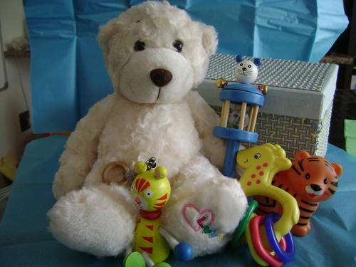 Beautiful Baby gift box, includes Large cuddly soft Teddy, Rattle, spring toy, all in a gift box
