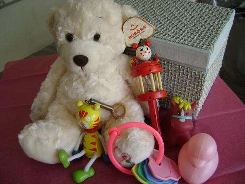 Beautiful Baby gift box, includes Large cuddly soft Teddy, Rattle, spring toy, all in a gift box