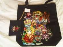 Designer ED HARDY decorative large canves Shopping bag with matching purse- Black