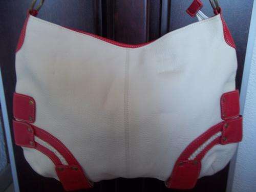 **ONLY ONE**stunning 100%  Genuine leather  Hand Bag: CREAM & RED!Great modern style, made to last!