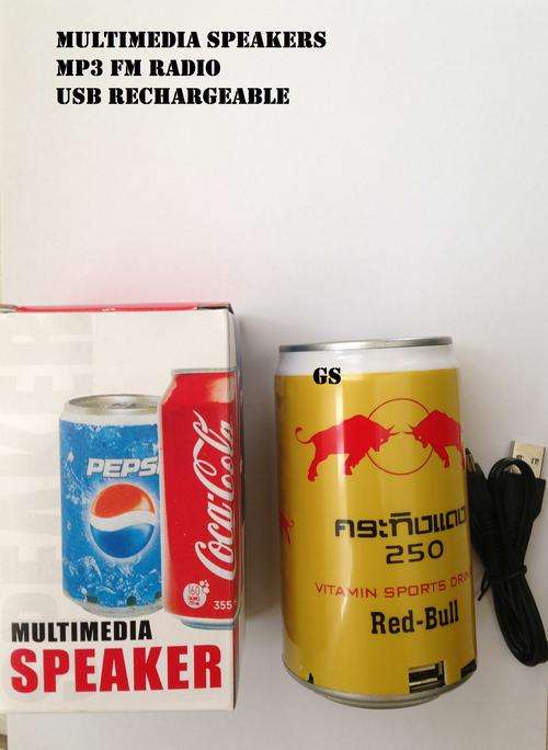 Red Bull Can Multimedia Speakers MP3 FM Radio USB Rechargeable