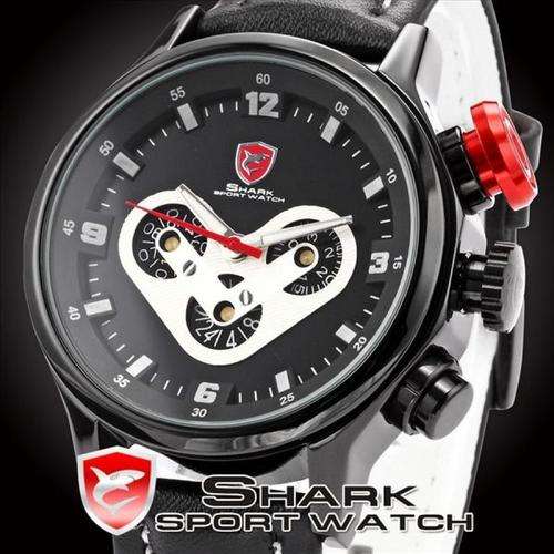 Brand New SHARK Military Men's Date Day 24 Hours Display Stainless Steel Case Leather Band Racing Bl