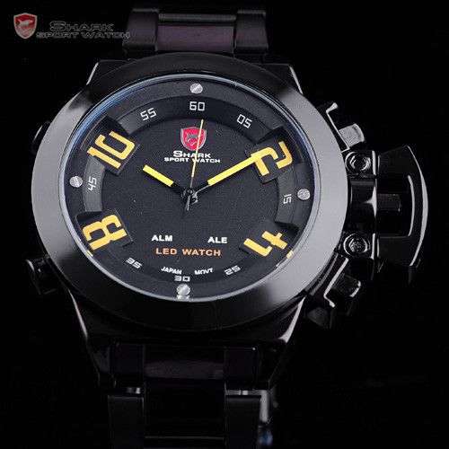 Men LED Watches Digital Sport Stainless Steel Quartz Date Day Shark Luxury Wrist Watc