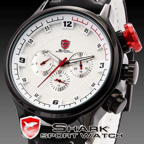 Brand New SHARK 6 Hands Date Day 24 Hours Display Stainless Steel Case Leather Men White Silver Spor