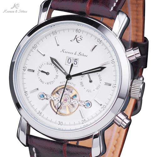 KS Men Mechanical Watches Automatic Tourbillion Genuine Leather Band White Dail Wrist Watch