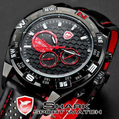 Shortfin SHARK Mens 6 Hands Date Day Display Stainless Steel Case Leather Band Black