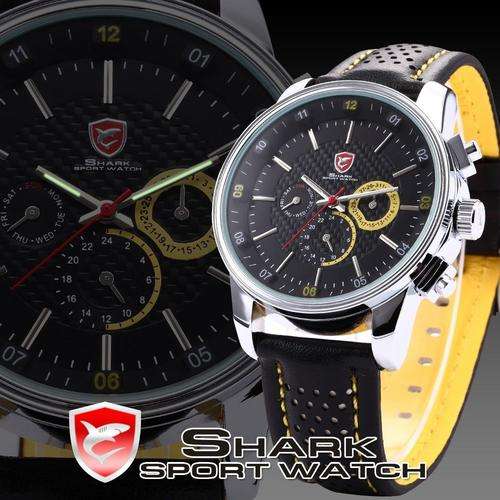 SHARK 6 Hands Round Case Date Day Display Calendar Real Leather Band Stainless Steel