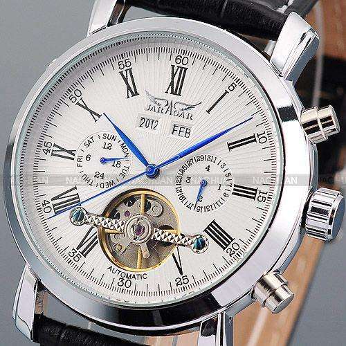 Mechanical Mens Wrist Watches Automatic Black Leather White Dial Tourbillion Date
