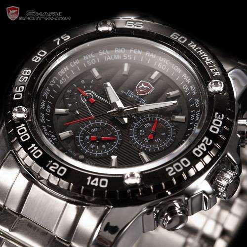 Luxury SHARK 6 Hands Date Day Display Water Resistant Stainless Steel Band Black Dia