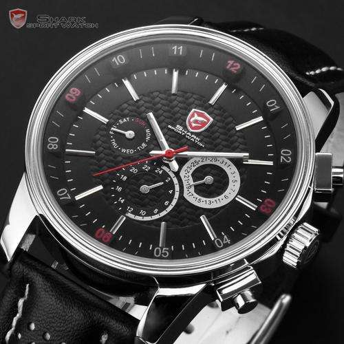 SHARK 6 Hands Date Day 24 Hours Display Stainless Steel Case Leather Band Men's Blac