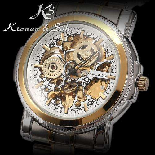 Luxury KS Royal Carving Skeleton Steampunk Automatic Golden Stainless Full Steel Mec