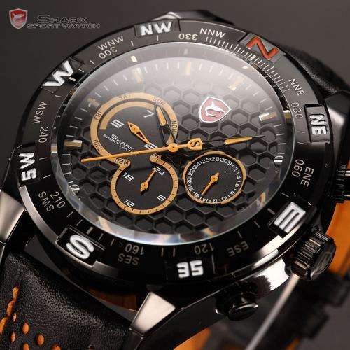 Shark Orange Relogio 6 Hands Dual Time Day Date Display Genuine Leather Band Men Qua
