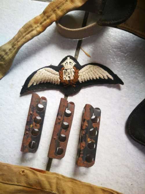 WW2 Pilot Helmet, Pilot wings, 303 Bandolier and 303 Clips