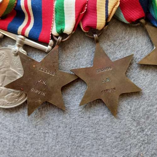 SET OF 7 MEDALS COMPLETE WITH RIBBONS AND BAR. J.N. GIRVIN. No. 233656. WW1 and WW2 ON SET