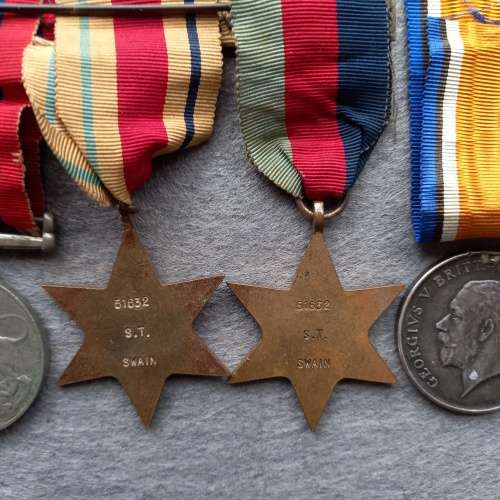 1 X WW1 MEDAL. S. SWAIN 8TH S.A.I. : 4 X WW2 MEDALS S.T. SWAIN. No. 51632.