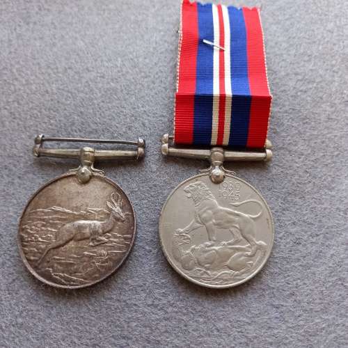 2 X WW2 MEDALS: KING GEORGE 6TH 1939-1945, THE AFRICA SERVICE MEDAL AWARDED TO S.J. PITOUT. 1408