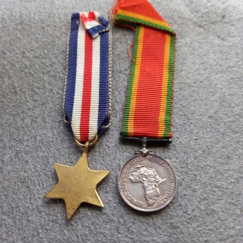 2 X WW2 MINI-MEDALS WITH RIBBON. 1)THE FRANCE AND GERMANY STAR. 2) THE AFRICA SERVICE MEDAL.