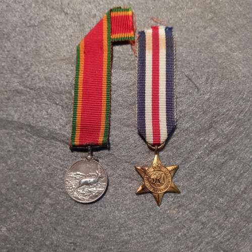 2 X WW2 MINI-MEDALS WITH RIBBON. 1)THE FRANCE AND GERMANY STAR. 2) THE AFRICA SERVICE MEDAL.