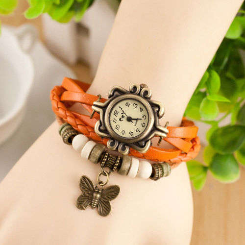 Antique Leather Bracelet Watch Vintage Women Wrist Watch Butterfly Pendant