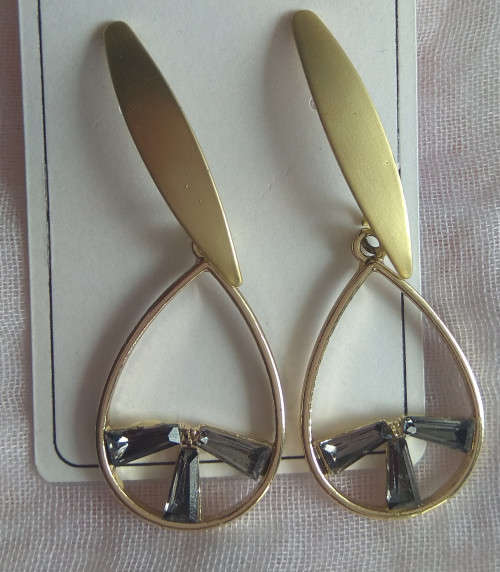 Earring,gold color with grey stones in waterdrop shape, High quality lady's fashion costume earring