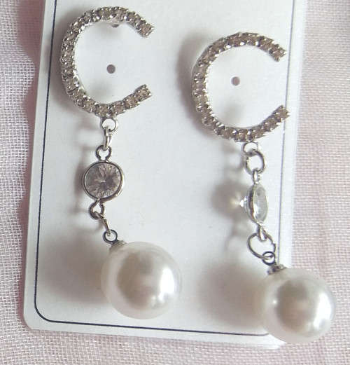 Earring,big letter C with studs and white pearls ,High quality lady's costume earring