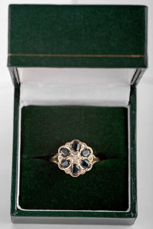 Unusual Vintage Sapphire and Diamond ring 9ct yellow gold.