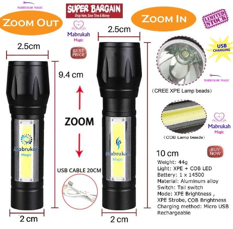 ***3 MODE***WATERPROOF ALUMINUM RECHARGEABLE ZOOM TORCH + FREE USB CABLE + CASE!BUY PER ITEM!