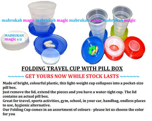 ***NEW ON BOB***FOLDING TRAVEL CUP WITH PILL BOX !!!@@@ A CRAZY R1 START.