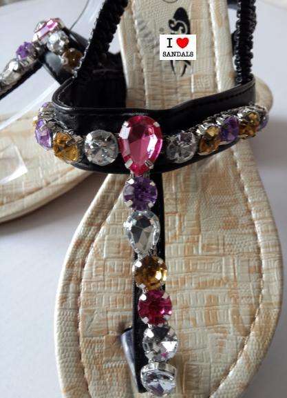 ***STUNNING MULTI COLOUR CRYSTAL T BAR BLACK NEW SUMMER SANDAL RANGE***