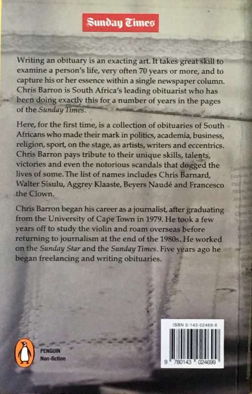 Collected South African Obituaries by Chris Barron, softcover, 2005