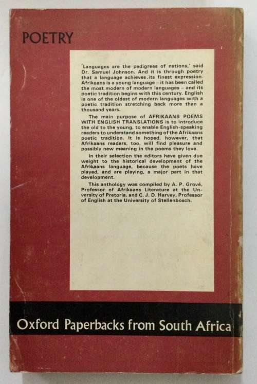 Afrikaans Poems with English Translations - AP Grové & CJD Harvey. Softcover, 1969