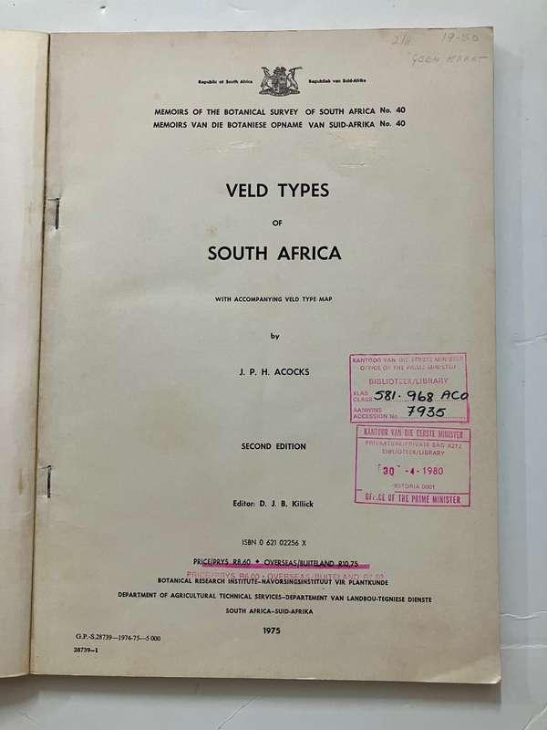 Veld Types of South Africa - JPH Acocks. Softcover, 2nd Ed. 1975