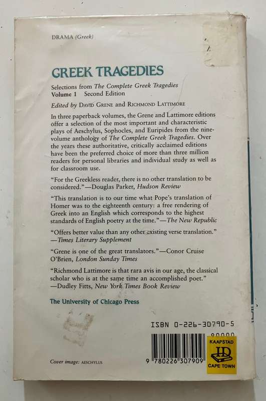 Greek Tragedies Vol 1 - D Grene & R Lattimore (Eds). Softcover, 2nd Ed. 1991