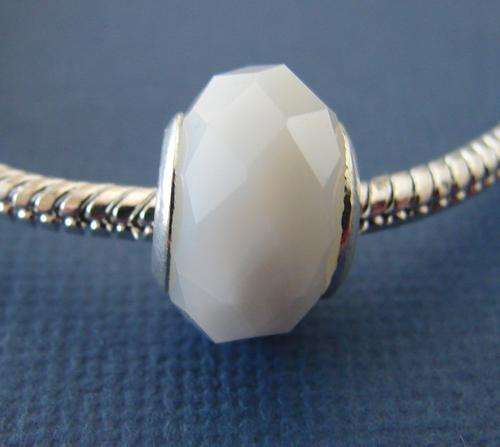 Bead Charm, White Faceted with Silver Plated Core Insert -Fits most Euro and similar style Bracelets