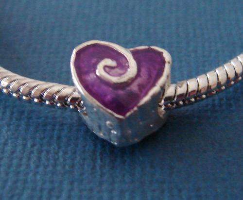 Bead Charm, Silver and Lilac Heart - Fits most Euro and similar style Bracelets