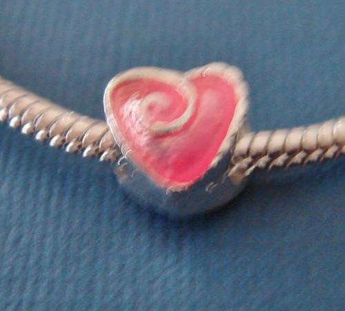 Bead Charm, Silver and Pink Heart - Fits most Euro and similar style Bracelets