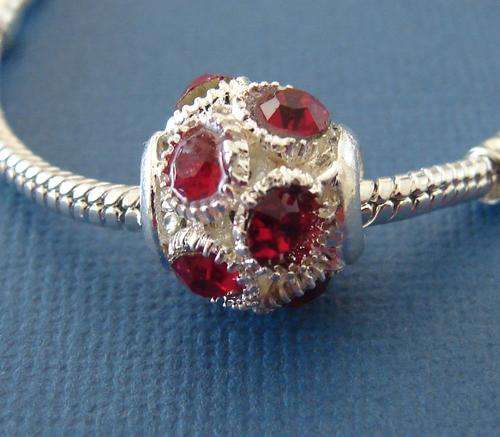 Bead Charm, Silver with Red Rhinestones - Fits most Euro and similar style Bracelets