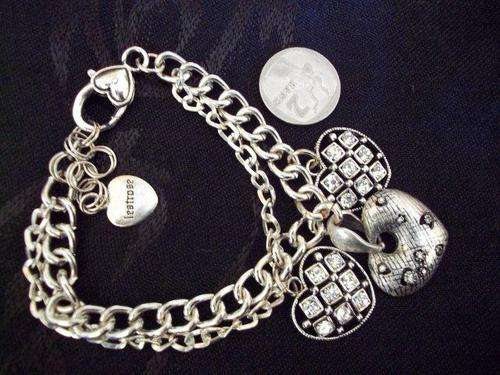 "HEARTS FOREVER" SILVERTONE DOUBLE CHAIN CRYSTAL & SILVER CHARM BRACELET