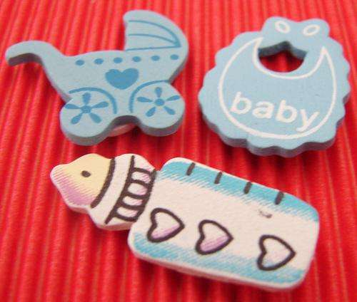 3-Piece Set of Wooden Blur Baby Bottle, Pram & Bib Embellishments