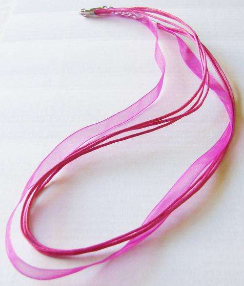 40cm Pink Ribbon & Rope Necklace with Silvertone Extension Chain & Clasp