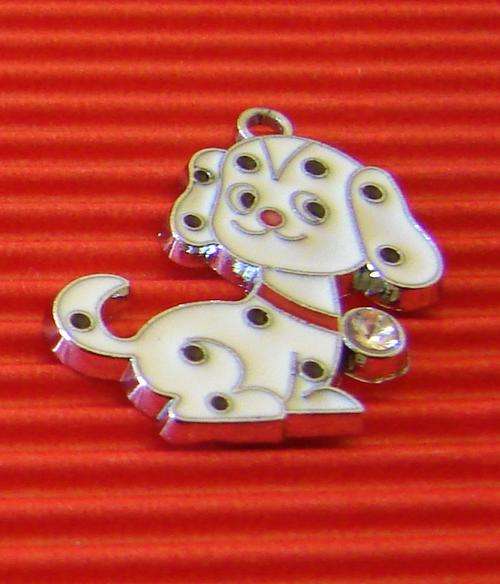24mm Dalmation Puppy Charm, White and Black with Red and Silver Detail
