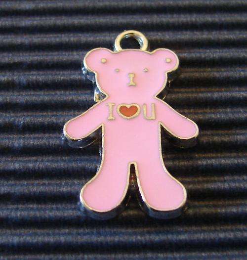 25mm "I Luv U" Teddy Charm, Pink with Red and Silver Detail