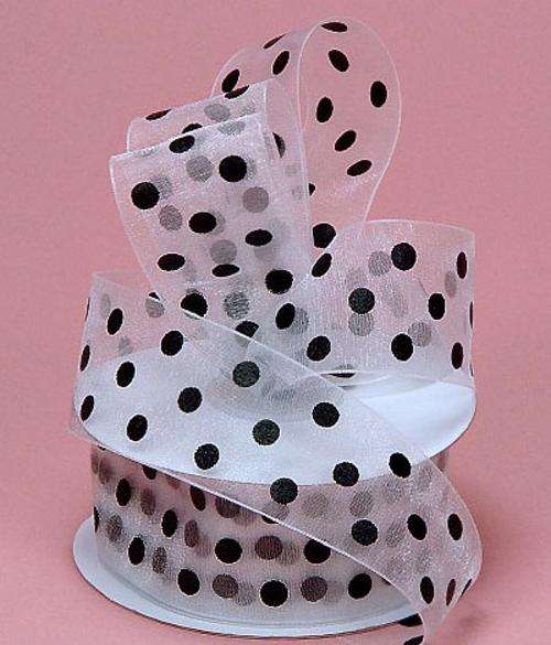 6mm White Organza Ribbon with Black Polka Dots (sold by the meter)